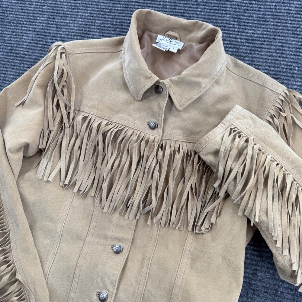 J Marco Womens Small Tan Leather Fringe Western Jacket Boho Cowgirl Moto